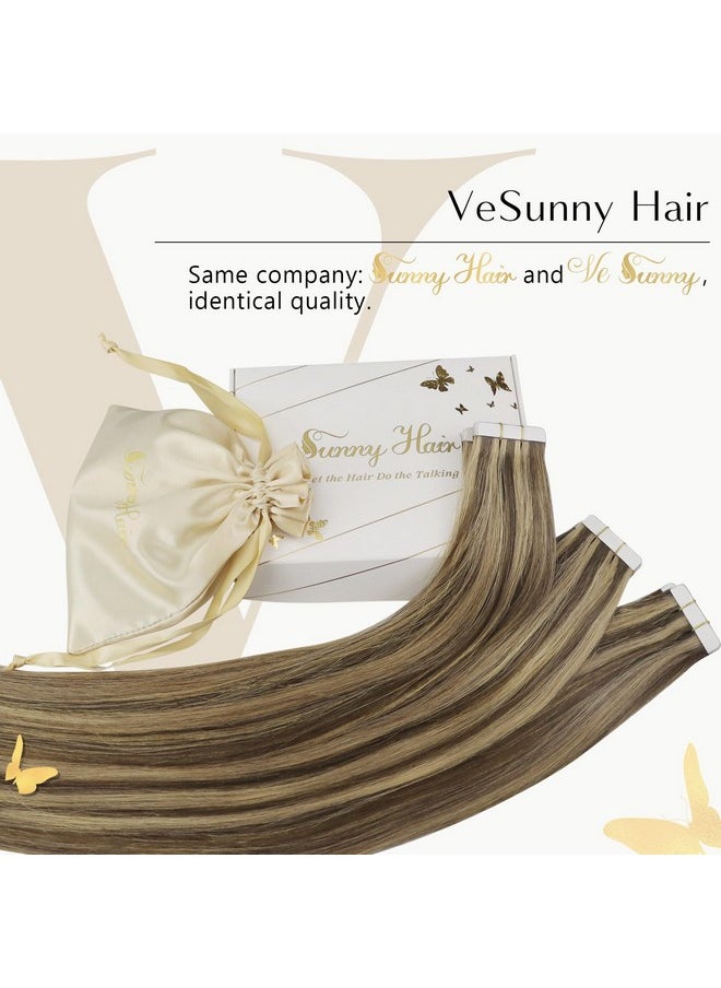 Ve Sunny Tape In Hair Extensions Human Hair Brown Highlight Tape In Human Hair Extensions Dark Brown Highlight Caramel Blonde Hair Extensions Real Human Hair Tape Ins Brown 20Pcs 50G 20Inch  - Image 2