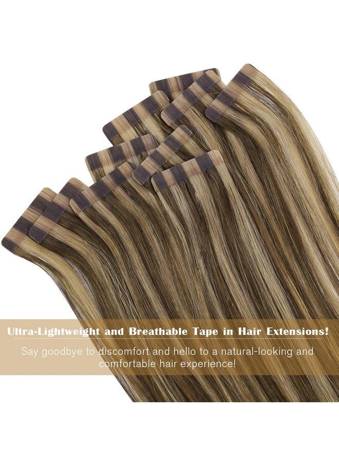 Ve Sunny Tape In Hair Extensions Human Hair Brown Highlight Tape In Human Hair Extensions Dark Brown Highlight Caramel Blonde Hair Extensions Real Human Hair Tape Ins Brown 20Pcs 50G 20Inch  - Image 5
