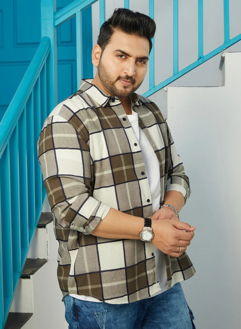 Instafab Plus Instafab Plus Men's Coin Olive Grey Overlap Buffalo Shirt For Casual Wear | Spread Collar | Long Cuffed Sleeves | Button Closure | Plus Size Shirt Crafted With Comfort Fit For Everyday Wear