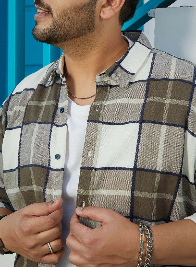 Instafab Plus Instafab Plus Men's Coin Olive Grey Overlap Buffalo Shirt For Casual Wear | Spread Collar | Long Cuffed Sleeves | Button Closure | Plus Size Shirt Crafted With Comfort Fit For Everyday Wear