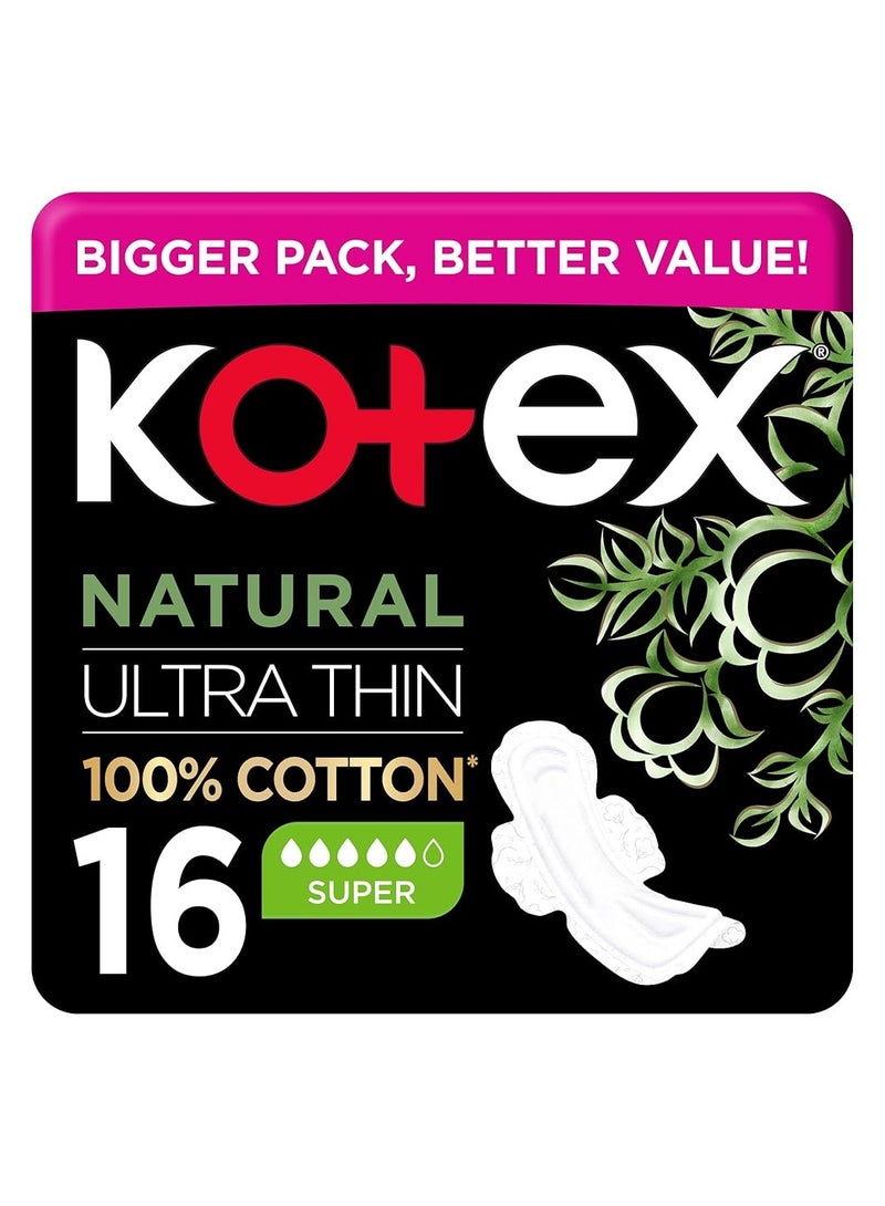 كوتكس 16 قطعة من الفوط الطبيعية فائقة الرقة - 100٪ قطن ، حجم فائق ، مع أجنحة!