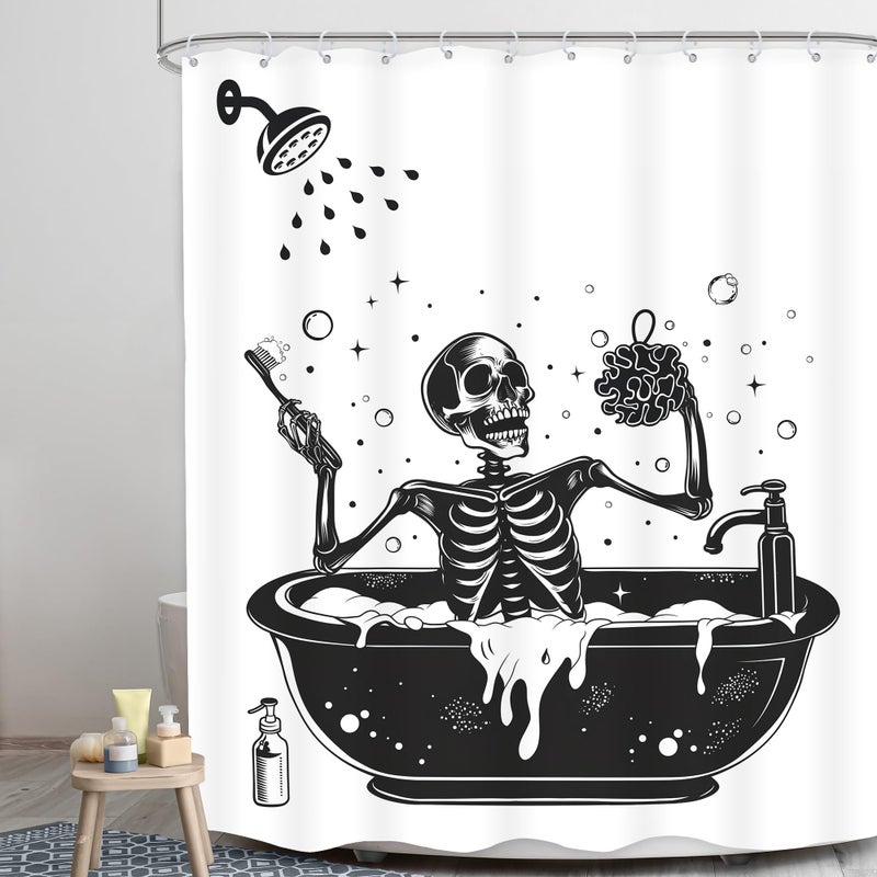 LGhtyro Funny Skull Shower Curtain Bathroom Set 60Wx71H Inches Black White Gothic Skeleton Bone Bathing in Bathtub Bubbles Spooky Cool Bath Accessories for Men Boys Art Home Decor Fabric 12 Pack Hooks - Image 2