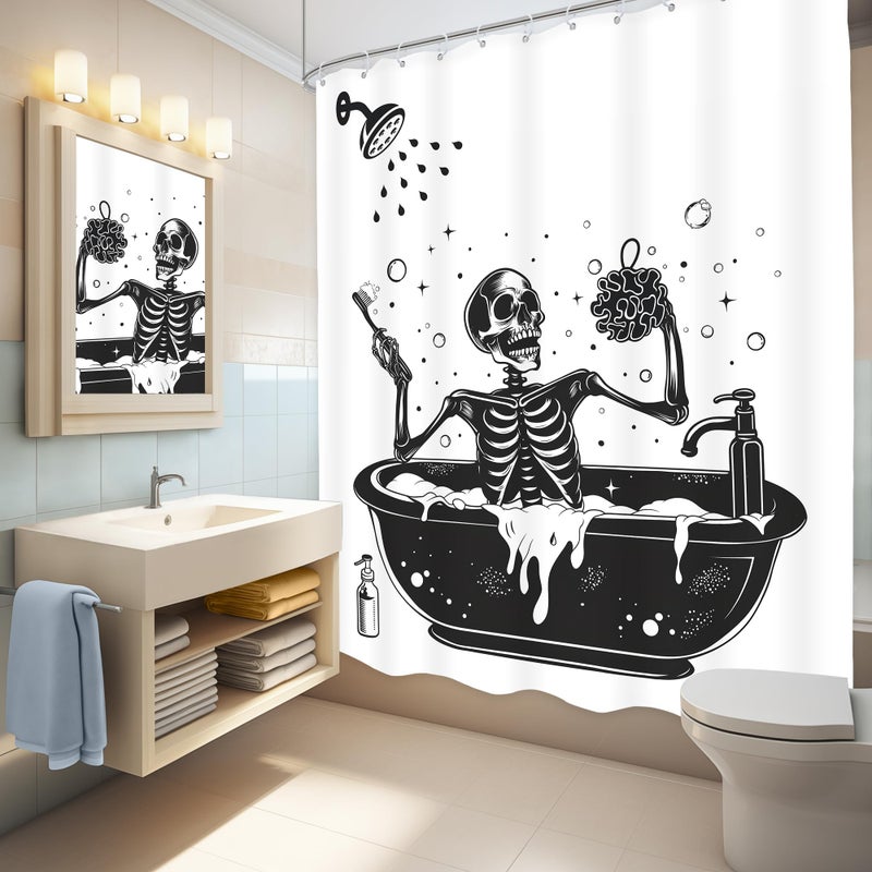 LGhtyro Funny Skull Shower Curtain Bathroom Set 60Wx71H Inches Black White Gothic Skeleton Bone Bathing in Bathtub Bubbles Spooky Cool Bath Accessories for Men Boys Art Home Decor Fabric 12 Pack Hooks - Image 3