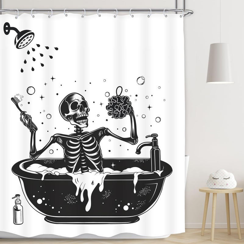 LGhtyro Funny Skull Shower Curtain Bathroom Set 60Wx71H Inches Black White Gothic Skeleton Bone Bathing in Bathtub Bubbles Spooky Cool Bath Accessories for Men Boys Art Home Decor Fabric 12 Pack Hooks - Image 1