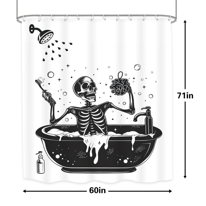 LGhtyro Funny Skull Shower Curtain Bathroom Set 60Wx71H Inches Black White Gothic Skeleton Bone Bathing in Bathtub Bubbles Spooky Cool Bath Accessories for Men Boys Art Home Decor Fabric 12 Pack Hooks - Image 4