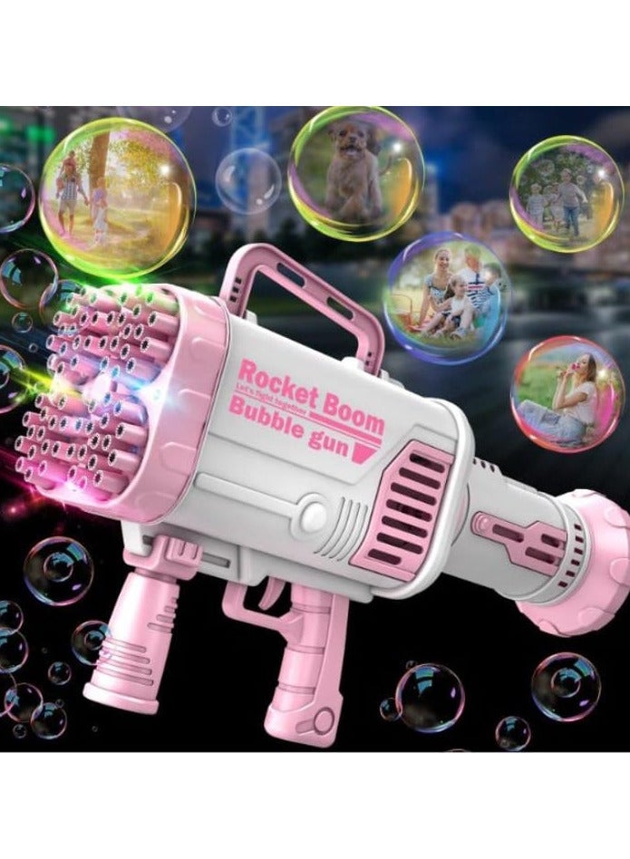 AZfiner Bubble Machine Gun - 64 Holes Bubble Machine with Lights Electric Bubble Maker with Bubble Solution Bubble Blower Summer Toys for Kids Bubble Guns for Weddings and Birthdays - Pink
