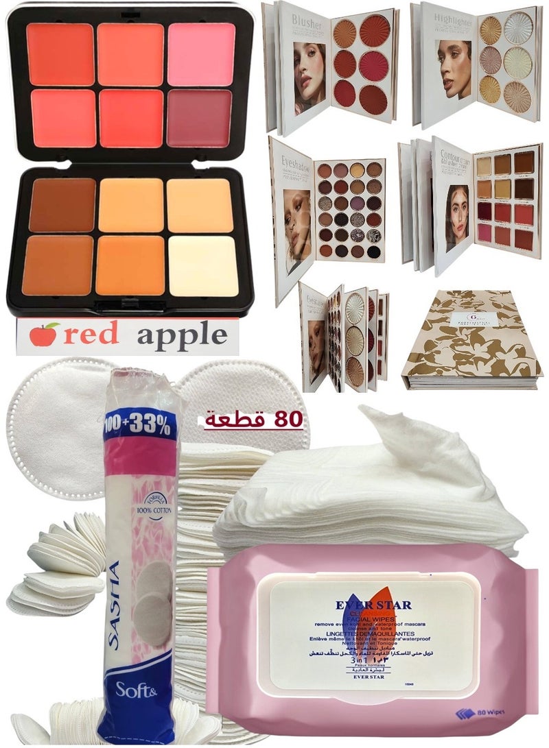 Red Apple Professional Make UP Kit + 12 Shades Concealer & Blusher Multicolour + 80-Piece Make Up Remover Wet Wipes White + Formula Cotton Soft Of Sasha 133 Pads