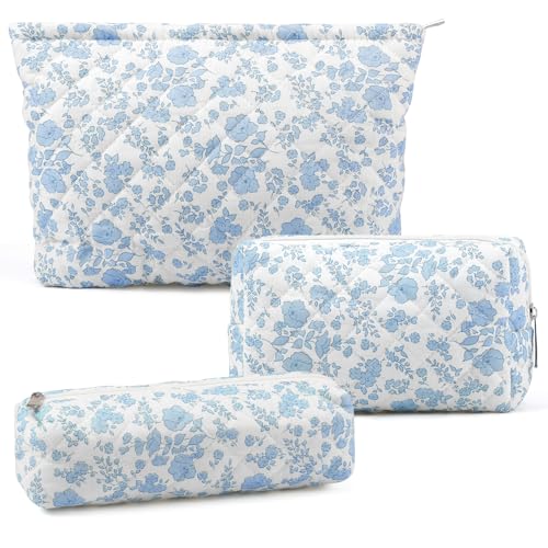 Gocvo 3 Pcs Makeup Bag Cosmetic Bag Set for Girls Women Checkered Travel Organizer Bathroom Toiletry Pouch Large Capacity Storage Bag(Blue Flower) - Image 1