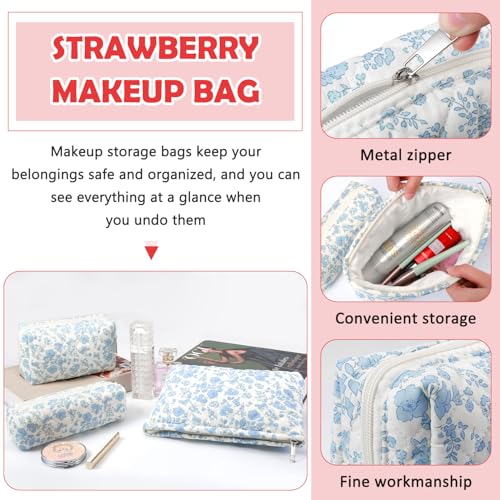 Gocvo 3 Pcs Makeup Bag Cosmetic Bag Set for Girls Women Checkered Travel Organizer Bathroom Toiletry Pouch Large Capacity Storage Bag(Blue Flower) - Image 5
