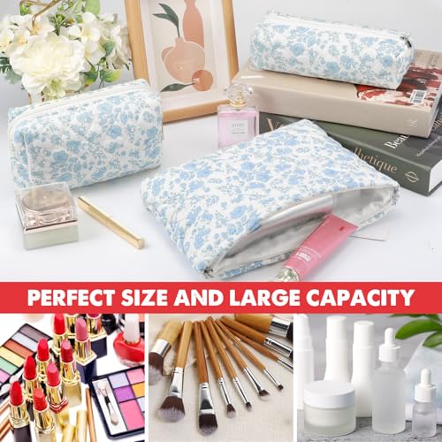Gocvo 3 Pcs Makeup Bag Cosmetic Bag Set for Girls Women Checkered Travel Organizer Bathroom Toiletry Pouch Large Capacity Storage Bag(Blue Flower) - Image 2