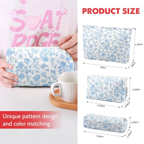 Gocvo 3 Pcs Makeup Bag Cosmetic Bag Set for Girls Women Checkered Travel Organizer Bathroom Toiletry Pouch Large Capacity Storage Bag(Blue Flower) - Image 4