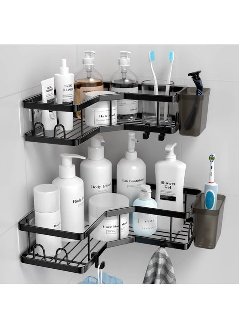 Corner Shower Caddy, 2 Pack Adhesive Shower Corner Organizer Shelves, No Drilling Stainless Steel Shower Storage Rack with Hooks Toothpaste Holder for Bathroom, Dorm and Kitchen
