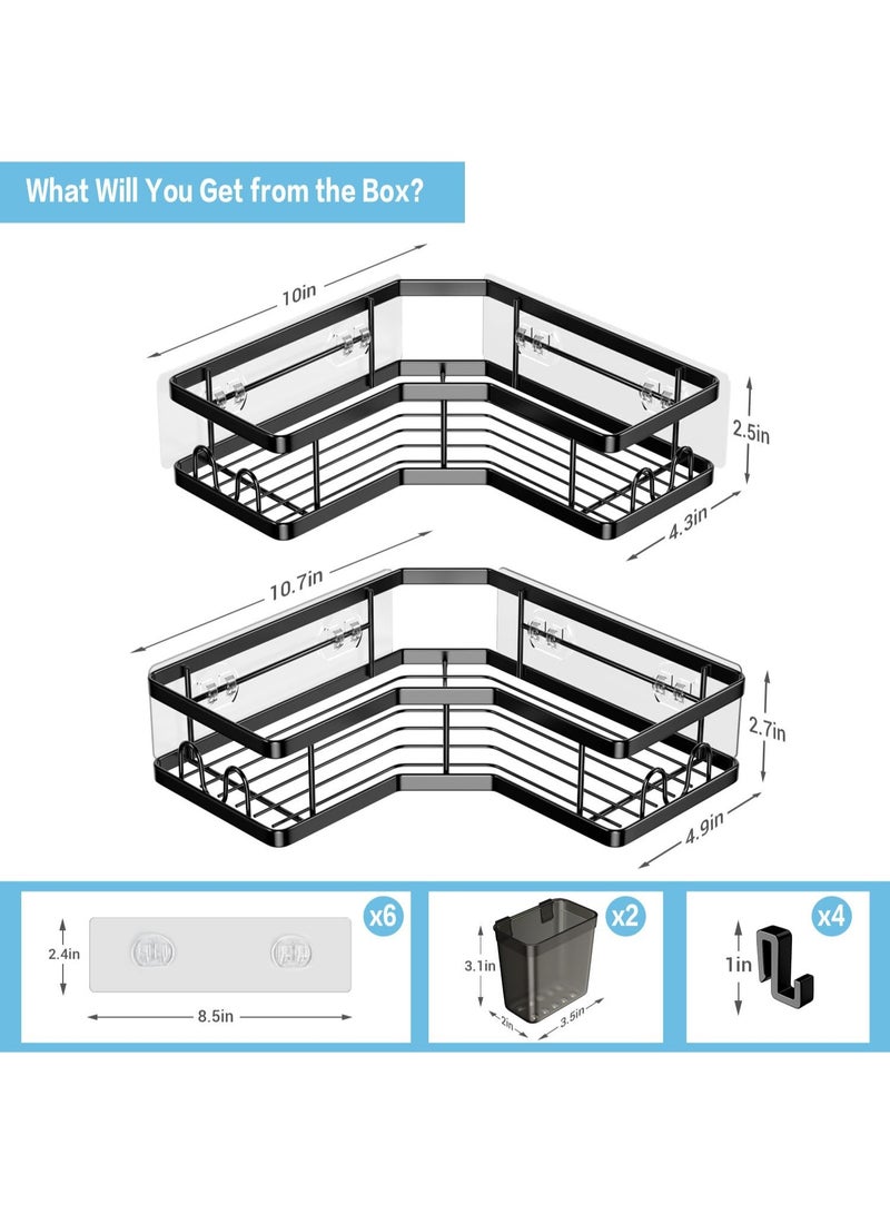 Corner Shower Caddy, 2 Pack Adhesive Shower Corner Organizer Shelves, No Drilling Stainless Steel Shower Storage Rack with Hooks Toothpaste Holder for Bathroom, Dorm and Kitchen