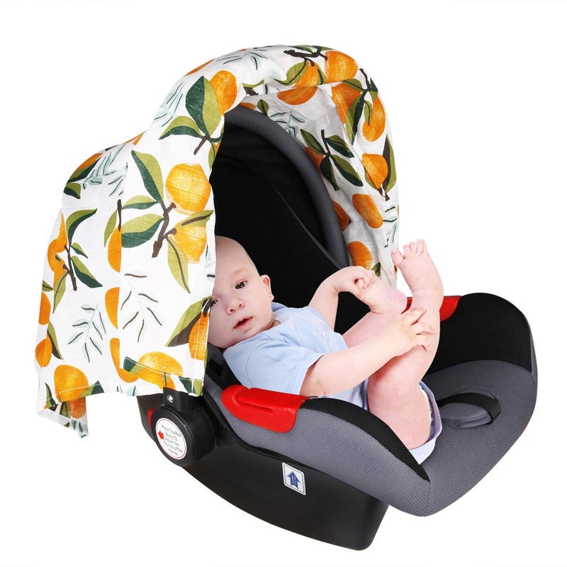 Metplus Baby Car Seat Cover Infant Carseat Canopy, Metplus Cotton Muslin Carrier Covers, Summer Stroller Canopie - Extra Wide Universal Fit, Lightweight Breathable Soft for Newborn Boy Girl (Oranges) - Image 3