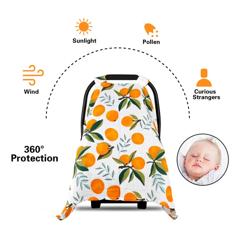 Metplus Baby Car Seat Cover Infant Carseat Canopy, Metplus Cotton Muslin Carrier Covers, Summer Stroller Canopie - Extra Wide Universal Fit, Lightweight Breathable Soft for Newborn Boy Girl (Oranges) - Image 2