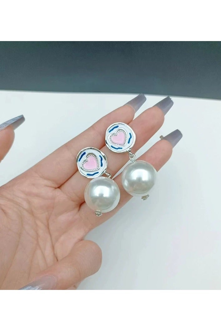 Goolsky أقراط دراسات من اللؤلؤ والمينا على شكل قلب وردي – جمالية الفتاة العذبة، تصميم نيش ريترو لربيع/صيف للنساء - Image 2