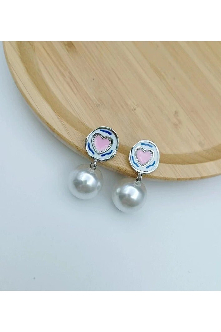 Goolsky أقراط دراسات من اللؤلؤ والمينا على شكل قلب وردي – جمالية الفتاة العذبة، تصميم نيش ريترو لربيع/صيف للنساء - Image 4