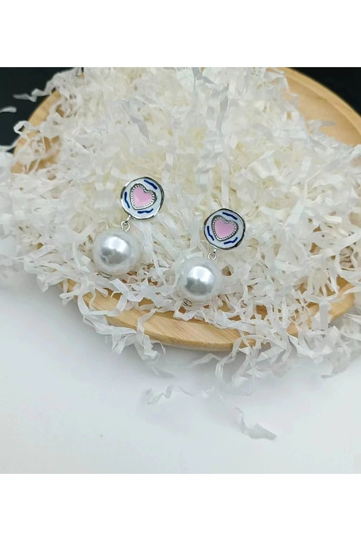 Goolsky أقراط دراسات من اللؤلؤ والمينا على شكل قلب وردي – جمالية الفتاة العذبة، تصميم نيش ريترو لربيع/صيف للنساء - Image 5