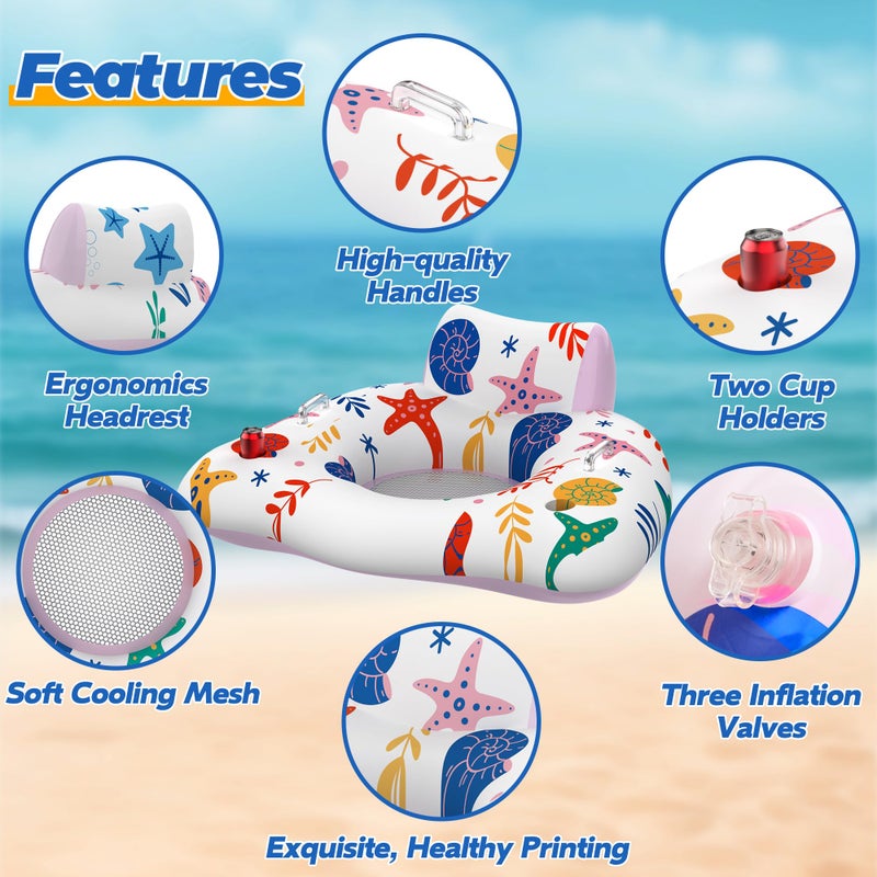 CACSPS Inflatable Pool Floats Adult, 2 Pack Floating Lounge Chairs with Cup Holders, Heavy Duty Blow Up Pool Floats Chair for Summer Water Fun, Beach, Lake, or Pool Party (Blue+Pink) - Image 3