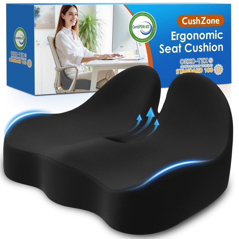 CushZone Seat Cushion Memory Foam Office Chair Cushions Ergonomic Curved Design for Sciatica Tailbone Coccyx Seat Support for Car Desk Chair Wheelchair Enhances Long Sitting Comfort Black