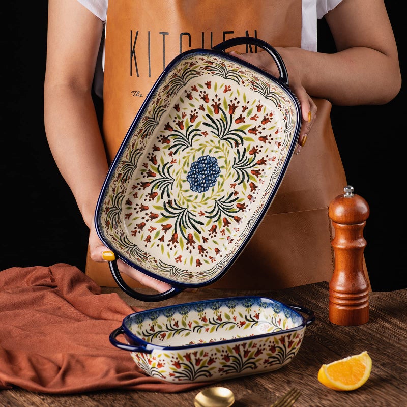 ONECCI Baking Dish Ceramic Baking Pan Blue Casserole Dish Rectangular Baking Set 2pcs Bakeware Sets Single Serving Size Lasagna Pan Baking Dishes for oven (The tulip) - Image 3