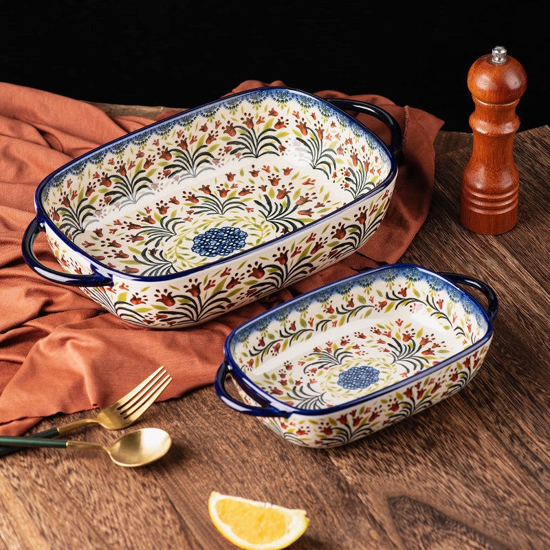 ONECCI Baking Dish Ceramic Baking Pan Blue Casserole Dish Rectangular Baking Set 2pcs Bakeware Sets Single Serving Size Lasagna Pan Baking Dishes for oven (The tulip) - Image 4