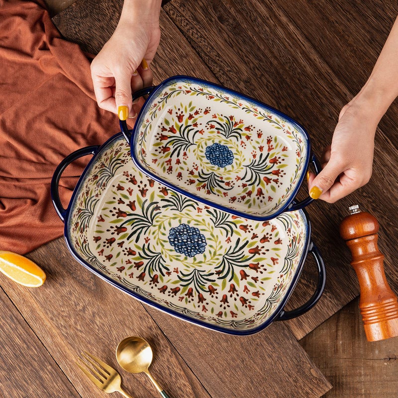 ONECCI Baking Dish Ceramic Baking Pan Blue Casserole Dish Rectangular Baking Set 2pcs Bakeware Sets Single Serving Size Lasagna Pan Baking Dishes for oven (The tulip) - Image 5