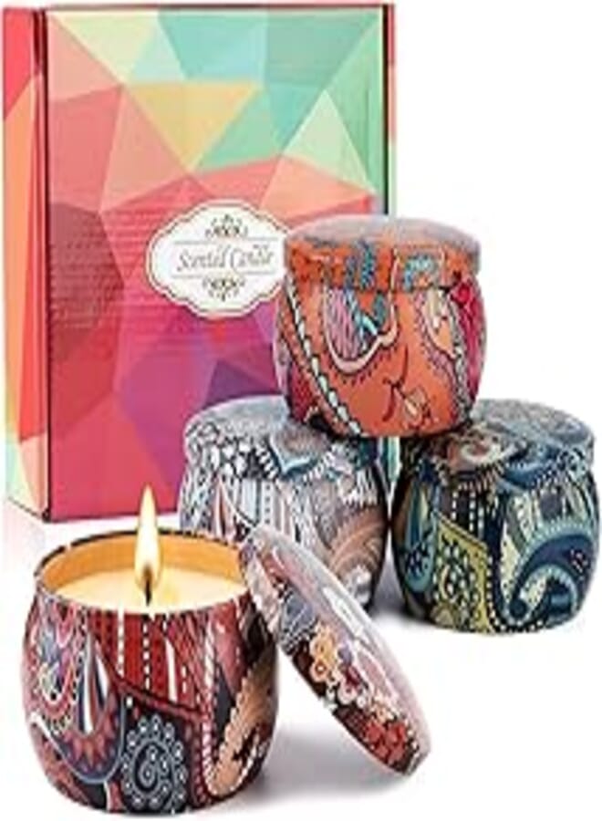 Tobeape® Scented Candles Gift Set, 4 Cans Natural Soy Wax 4.4 oz Portable Tin Candles Women Gift with Stress Relief and Aromatherapy for Holiday Gifts, Bathing, Home Decoration