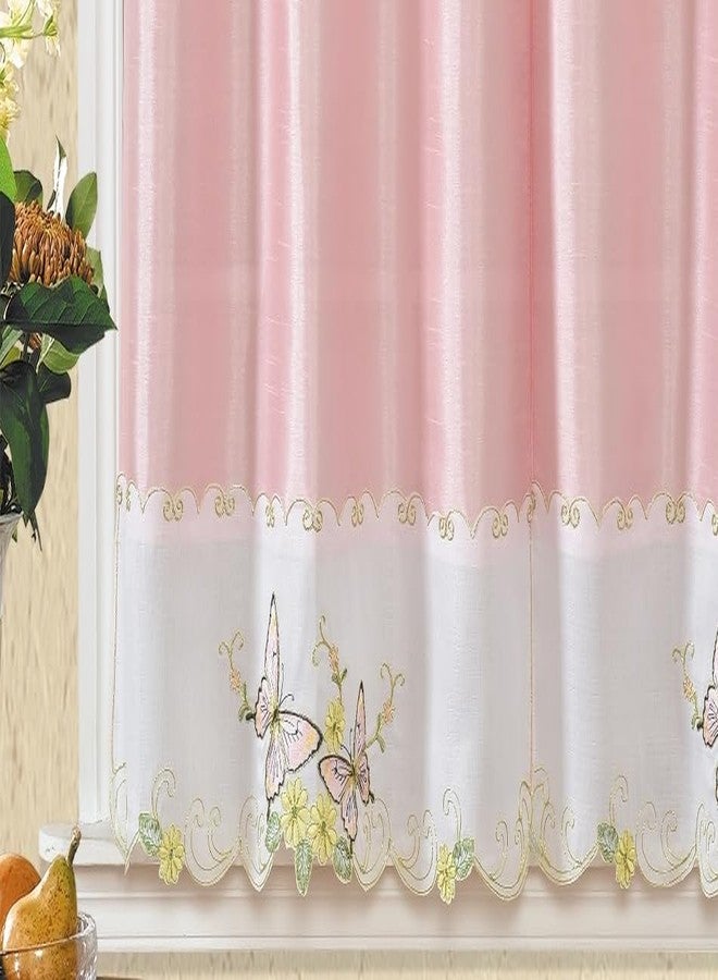 American Linen 3 Piece Embroidered Window Curtain Set, Valance and Tiers, with Embroidery (Butterfly Pink) - Image 5
