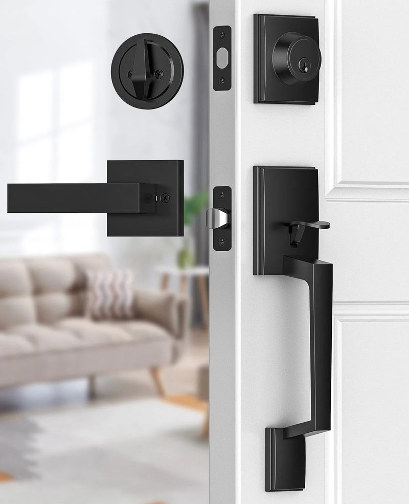 Brightify Black Front Door Handle, Matte Black Exterior Door Handle with Door Lever, Modern Front Door Lock Set, Adjustable Deadbolt with Single Cylinder, Reversible for Right&Left - Image 1