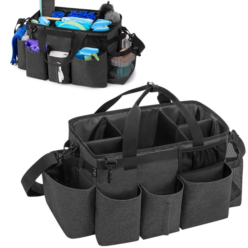 LoDrid LoDrid Wearable Cleaning Caddy Bag with 4 Foldable Dividers Cleaning Supply Organizer with Shoulder Strap and Side Handles for Cleaners  Housekeepers Black 