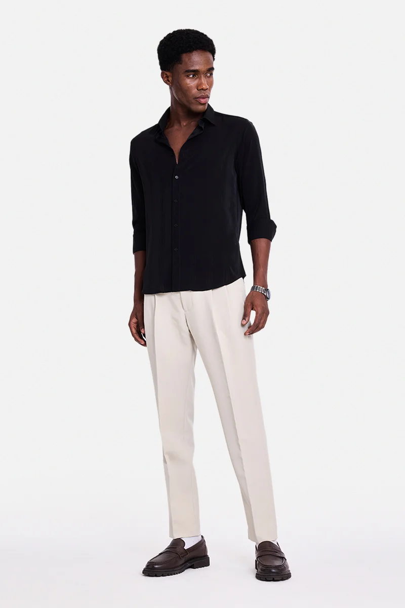سنيتش Beige Textured Tapered Formal Trousers