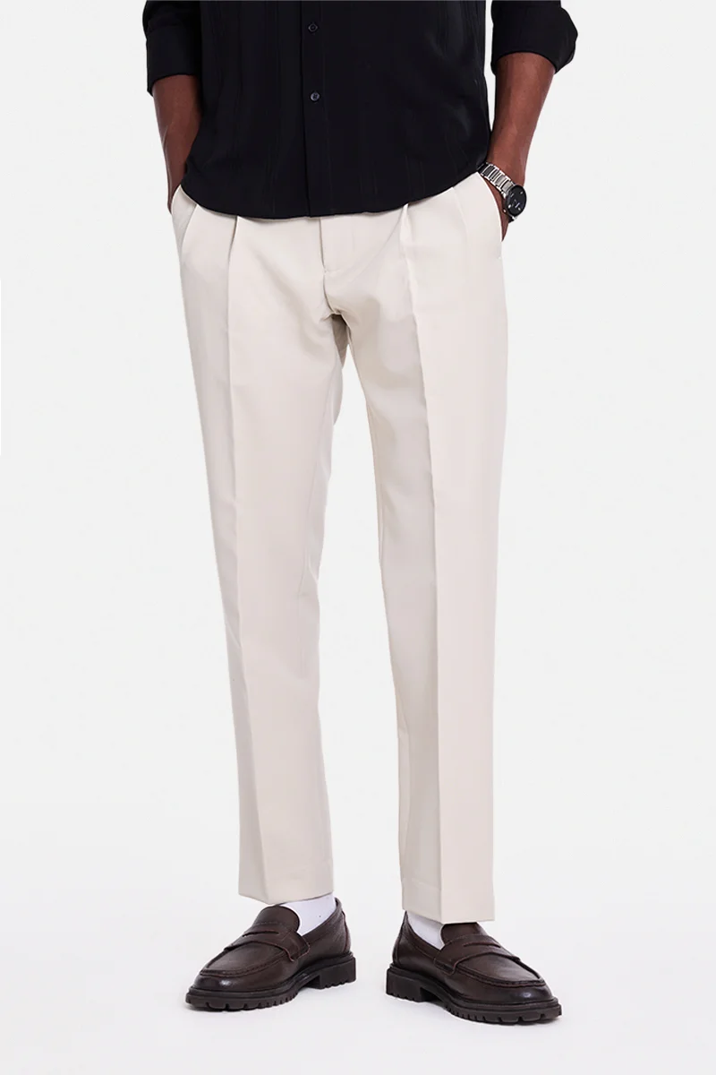 سنيتش Beige Textured Tapered Formal Trousers