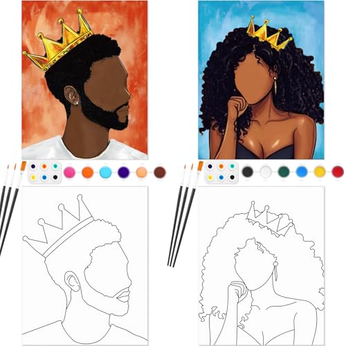 Dinifee 2 Pack Pre Drawn Canvas for Painting Sip and Paint Kit for Couple 8" x 10" Stretched Pre Printed Canvas Couples Date Night Art Party Adults Easter Mother's Day Gift(Queen and King) - Image 1
