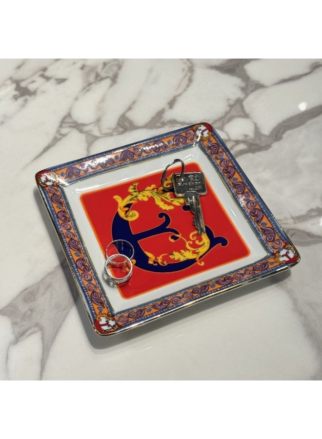 Baci milano Porcelain Jewelry Tray (15x15cm), Ortigia Alphabet Tabletop Art, Elegant Trinket Dish & Personalized Gift Tray for Women, Aesthetic Jewellery Organizer for Vanity or Home Decor (Letter E) - Image 1