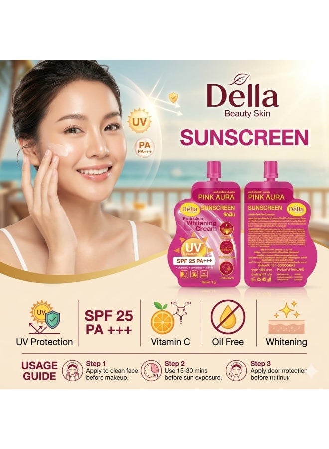 della Pink Aura Sunscreen SPF25 PA+++ 2PCS COMBO Vitamin C Oil Free Lightweight Face Cream Daily UV Protection (2x7g) - Image 3
