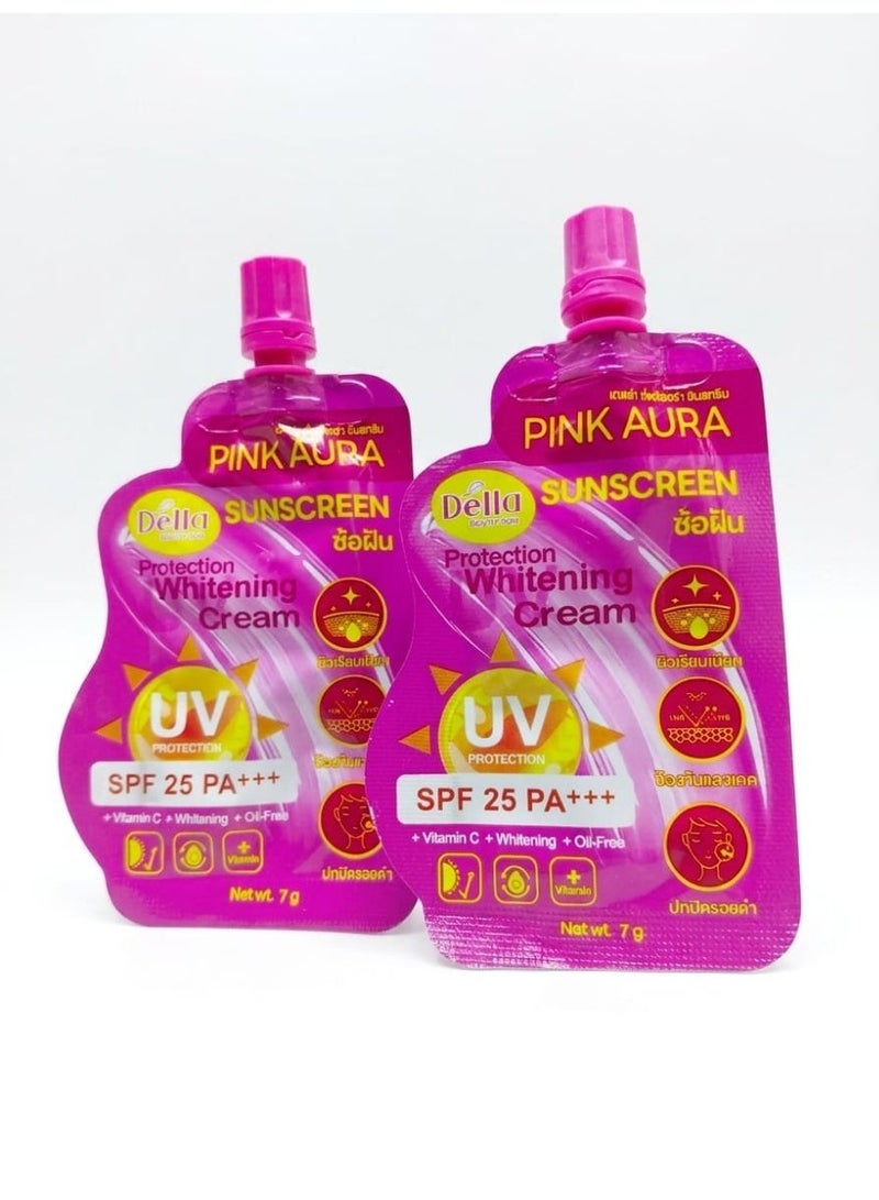 della Pink Aura Sunscreen SPF25 PA+++ 2PCS COMBO Vitamin C Oil Free Lightweight Face Cream Daily UV Protection (2x7g) - Image 1