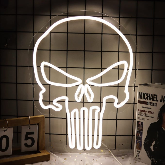 SKULL PUNISHER NEON SIGNS FOR WALL DECOR PUNISHER LOGO NEON LIGHTS FOR BEDROOM LED SIGNS SUITABLE FOR MAN CAVE LIVING ROOM BAR CAFE UNIQUE GIFT FOR LOVER 5V USB POWER 165 13 INCHWHITE