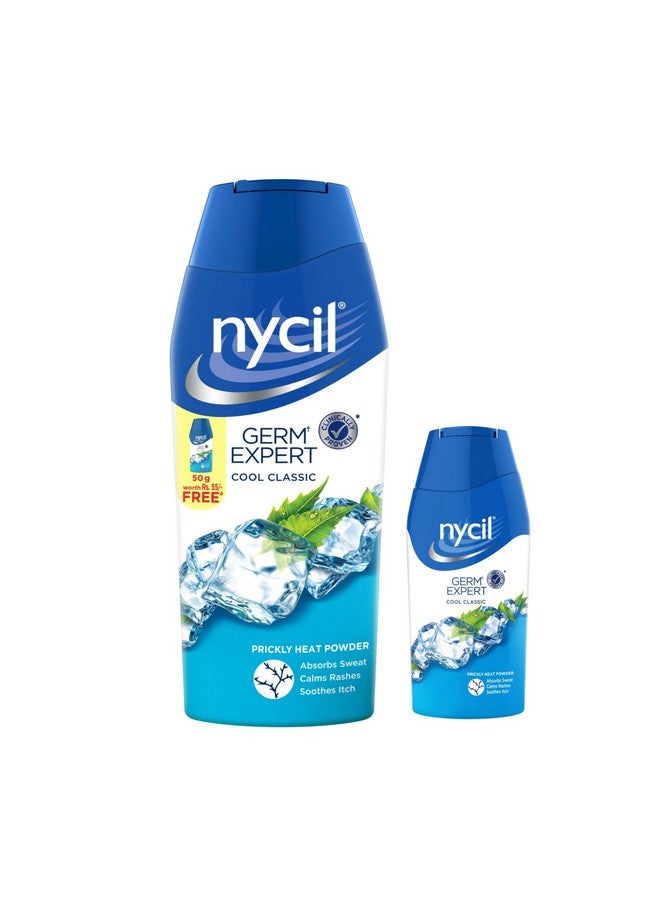 Nycil Germ Expert Prickly Heat Powder,150gm+50gm, Assorted Fragrances (Cool Classic) with Bringa Cleanser Trial Pack - Image 1