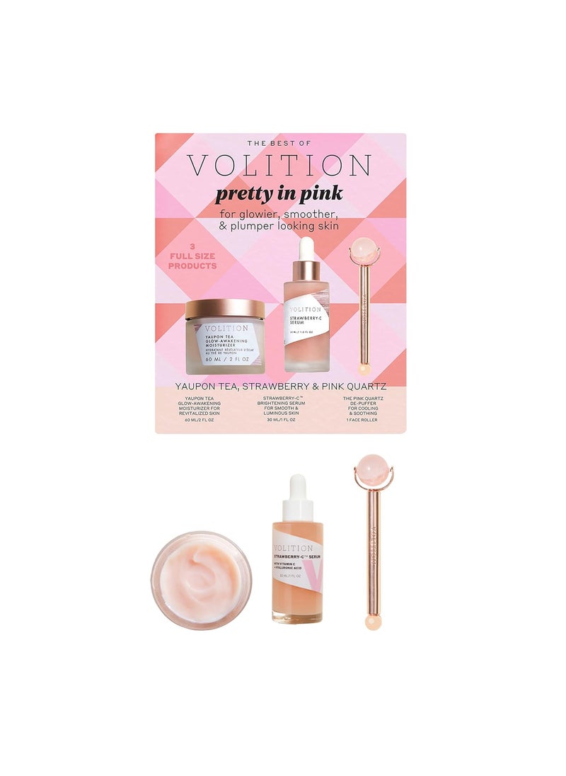 VOLITION Volition Beauty Pretty in Pink Kit with Yaupon Tea Glow-Awakening Moisturizer, Strawberry-C Serum, The Pink Quartz De-Puffer | Brightens, De-Puffs, Soothes 