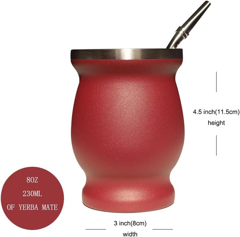 Beruth Bombilla Yerba Mate Gourd, 8oz Stainless Steel Tea Cup Set with a Multifunctional Lid, Two Straws and Cleaning Brushes, Double Walled Coffee Mug Heat Insulation Anti Scalding BR2303 (Red) - Image 3