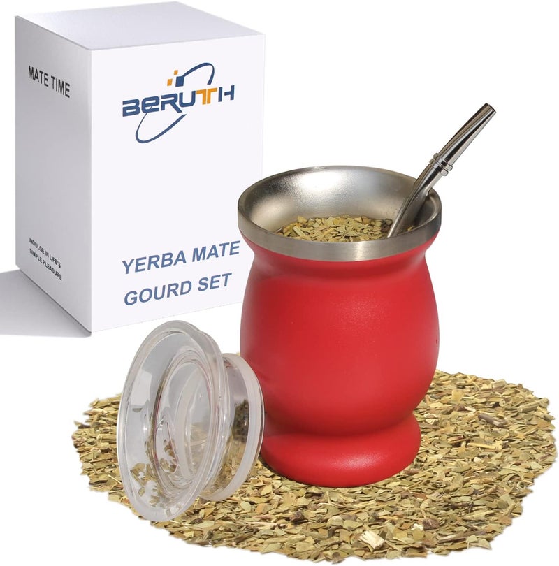 Beruth Bombilla Yerba Mate Gourd, 8oz Stainless Steel Tea Cup Set with a Multifunctional Lid, Two Straws and Cleaning Brushes, Double Walled Coffee Mug Heat Insulation Anti Scalding BR2303 (Red) - Image 1