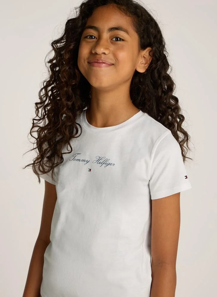 تومي هيلفيغر Youth Crew Neck Script Logo Slim Fit T-Shirt
