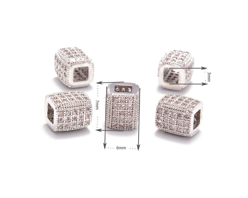 AD Beads Zircon Pave Rhinestones Rectangular Square beads for Bracelet Connector Spacer Beads (5 Pcs Clear on Silver Tube Rectangular Beads (6x7mm)) - Image 2