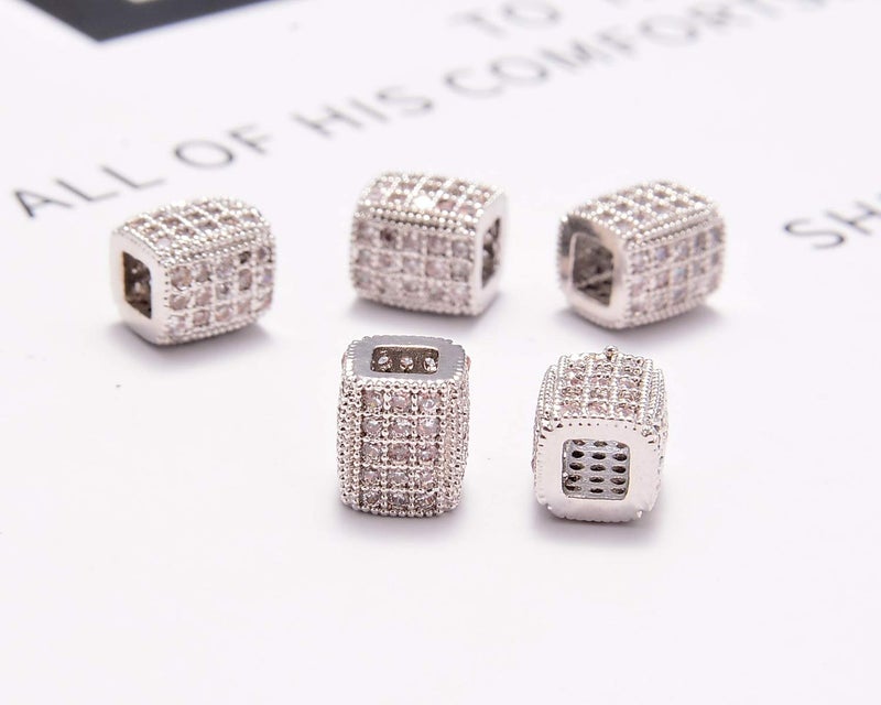 AD Beads Zircon Pave Rhinestones Rectangular Square beads for Bracelet Connector Spacer Beads (5 Pcs Clear on Silver Tube Rectangular Beads (6x7mm)) - Image 3