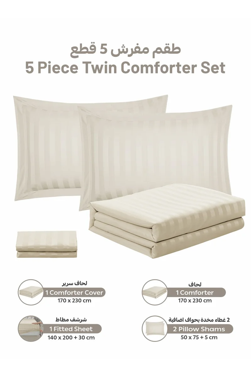 Donetella Striped Comforter Set, Single Size (170x230 cm), 5-Piece Hotel Bedding with 350 GSM Filling – Comforter, Comforter Cover, Fitted Sheet, Pillowshams.