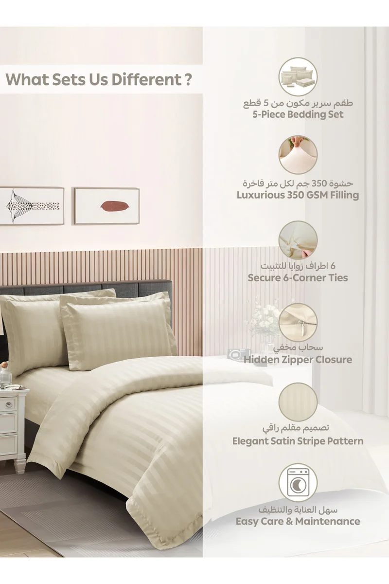 Donetella Striped Comforter Set, Single Size (170x230 cm), 5-Piece Hotel Bedding with 350 GSM Filling – Comforter, Comforter Cover, Fitted Sheet, Pillowshams.