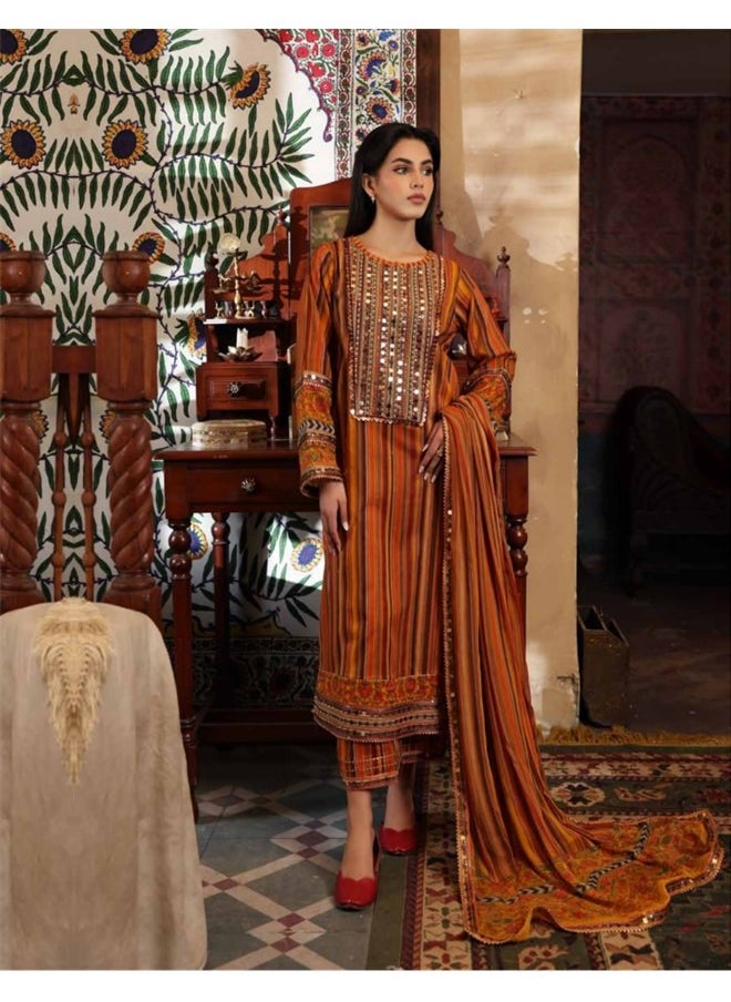 Zaib Unisa Textile Trading Co. L.L.C - 3 Piece Embroidered Handwork Lawn Stitched Dress Soft Stuff Fabric Trouser with Fancy Dupatta Festive Eid Suit - Charizma Collection - Image 1
