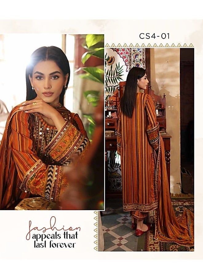 Zaib Unisa Textile Trading Co. L.L.C - 3 Piece Embroidered Handwork Lawn Stitched Dress Soft Stuff Fabric Trouser with Fancy Dupatta Festive Eid Suit - Charizma Collection - Image 1