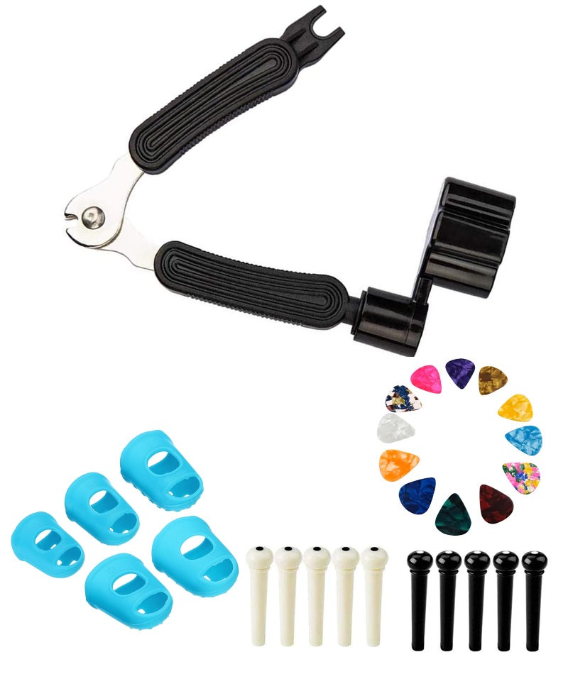 Zytiqt Guitar Accessories, 3-in-1 Guitar String Winder Cutter and Bridge Pin Puller, Multifunctional Guitar Maintenance Tool with 5 Silicone Finger Caps and 10 Picks, for Electric and Classical Guitars - Image 1